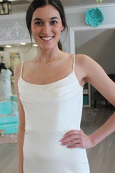 White Cowl Neck Backless Long Wedding Dress with Slit